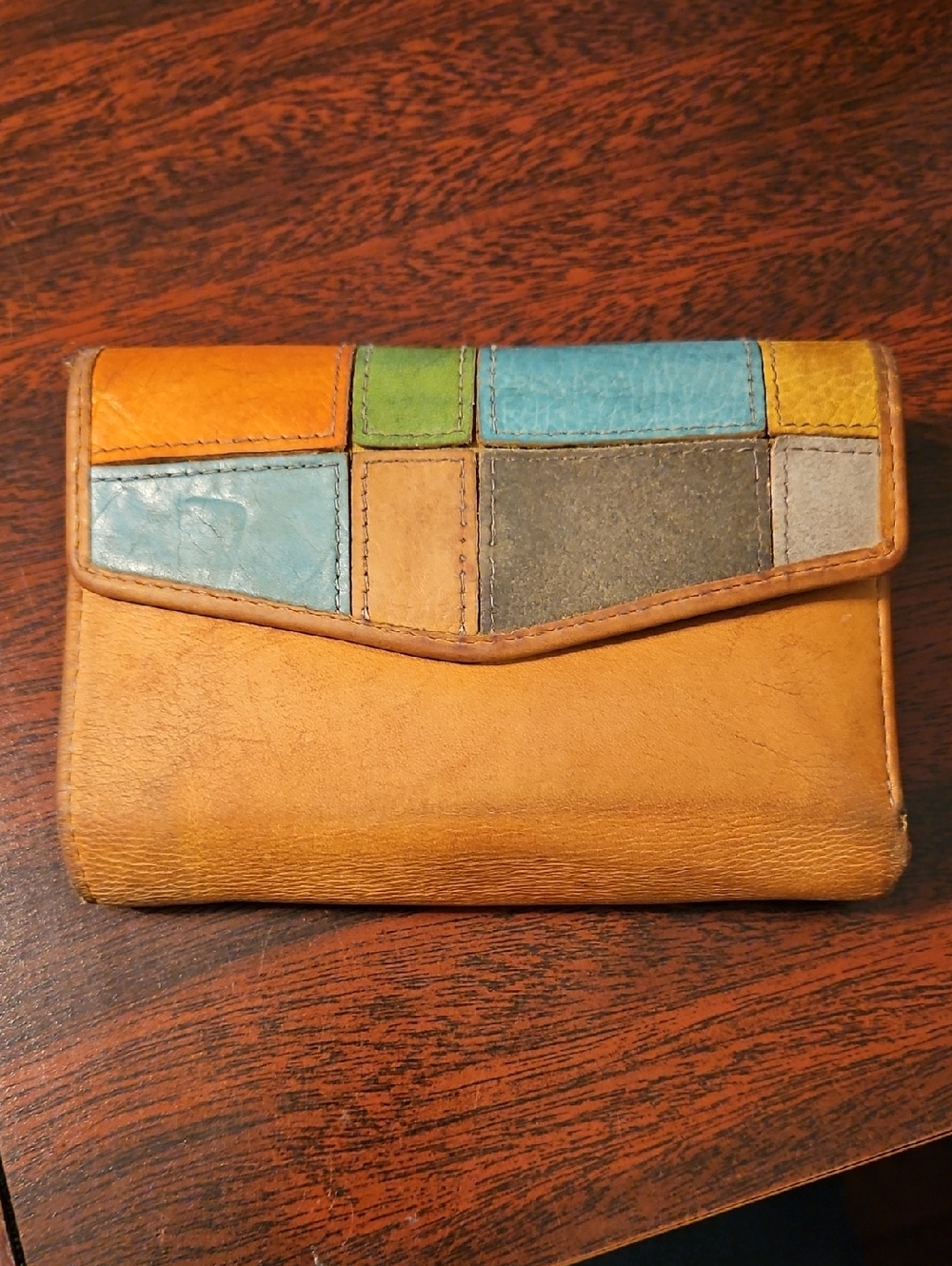 Fossil Patchwork Leather Wallet in Tan with Blue, Green & Yellow Accents